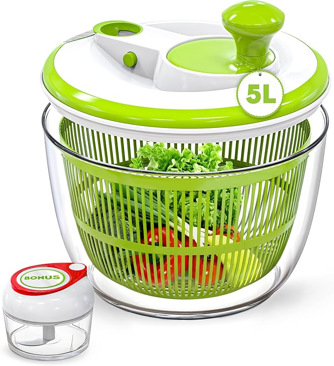 RTMAXCO Salad Spinner, 5L Large Capacity Lettuce Washer with Easy Spin Mechanism, BPA-Free Vegetable Dryer for Kitchen.
